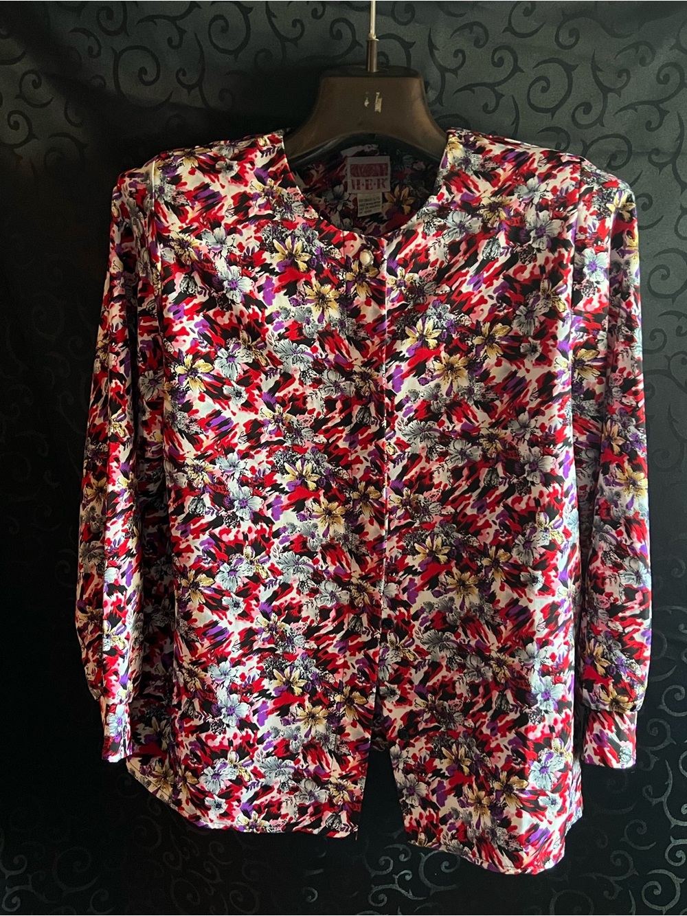 Vintage Floral Collarless Floral Blouse 80s M-L